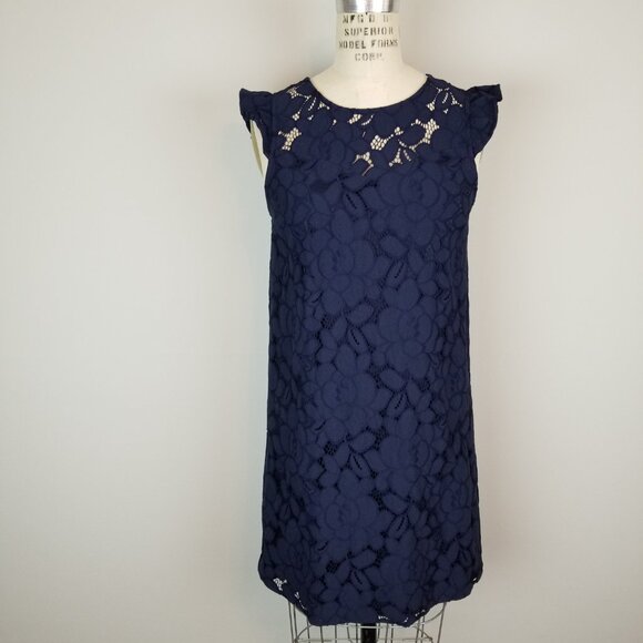 Monteau Navy Blue Lace Sheath Dress with Flutter Sleeves Women's Size Small NEW - Picture 3 of 11